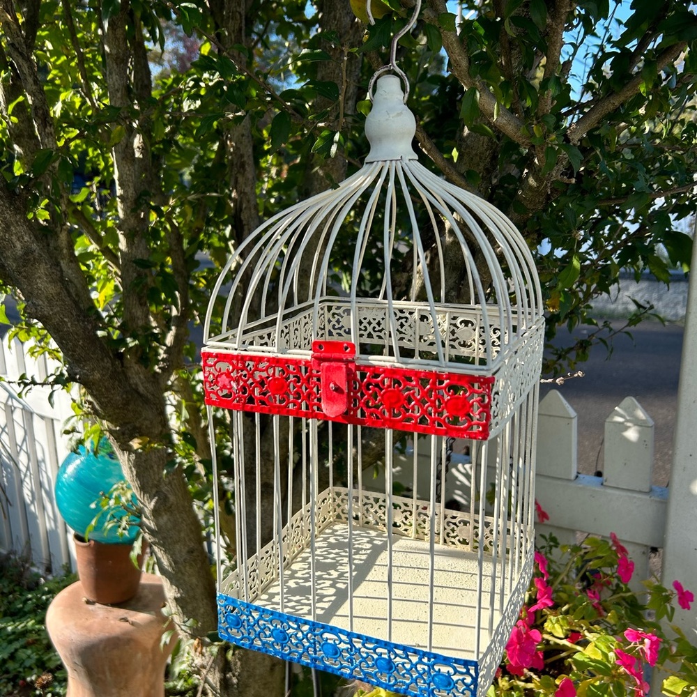 Decorative White Metal Birdcage with Red and Blue Accents